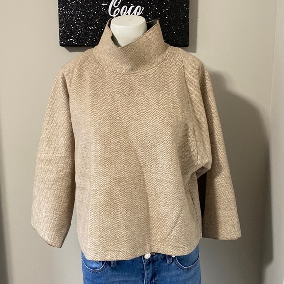 Madewell Sweater Herringbone Mockneck Sweatshirt Brown Cream Jersey Boxy Sz XS - Picture 2 of 10